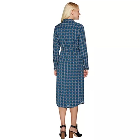 C. Wonder Midi Length Lattice Print Button Front Shirt Dress Blue/Green SZ 14 - Picture 2 of 16